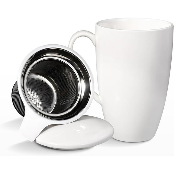 16 Oz Ceramic Tea Cup, Porcelain Tea Mug with Loose Leaf Infuser and Lid, Microwave and Dishwasher Safe Tea Mug, Tea Infuser Cup for Loose Leaf, Coffee, Cocoa and Milk, White