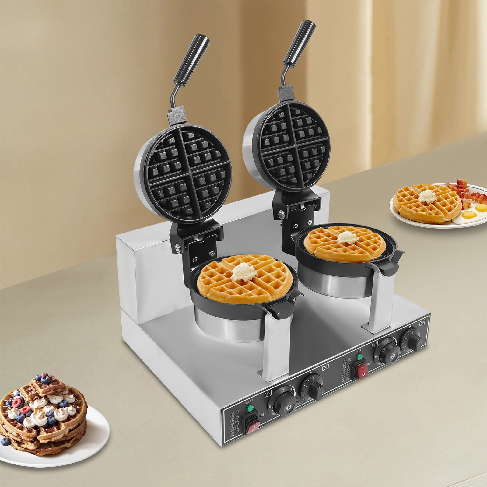 2400W Silver+ Black Double Head Waffle Maker Machine Adjustable Waffle Making Machine with Indicator Light