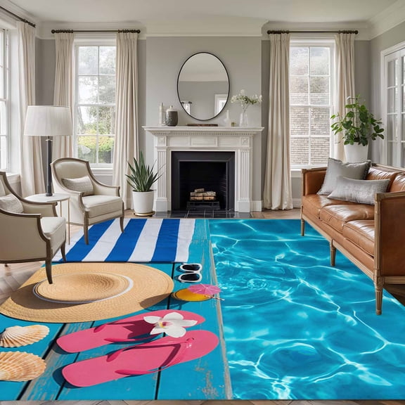 5'x7' Area Rugs for Living Room Bedroom, Swimming Pool Washable Rug Carpet Runner Indoor Outdoor, Blue Summer Beach Sea Ocean Non Slip Floor Mats Area Rug for Kitchen, Nursery