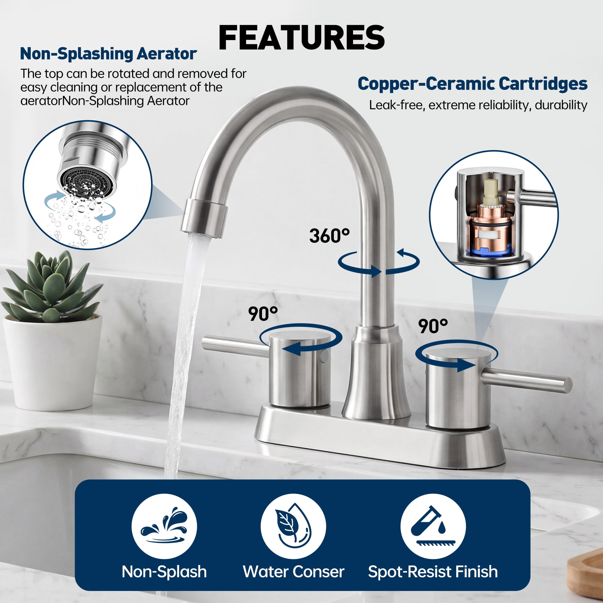 GPED Bathroom Faucets for Sink 3 Hole, 4 Inch Sink Faucet W/ Pop Up Drain and 2 Supply Hoses, Stainless Steel&Lead-Free, 2-Handle Centerset Faucet for Sink Vanity, No-Splashing Design,Brushed Nickel