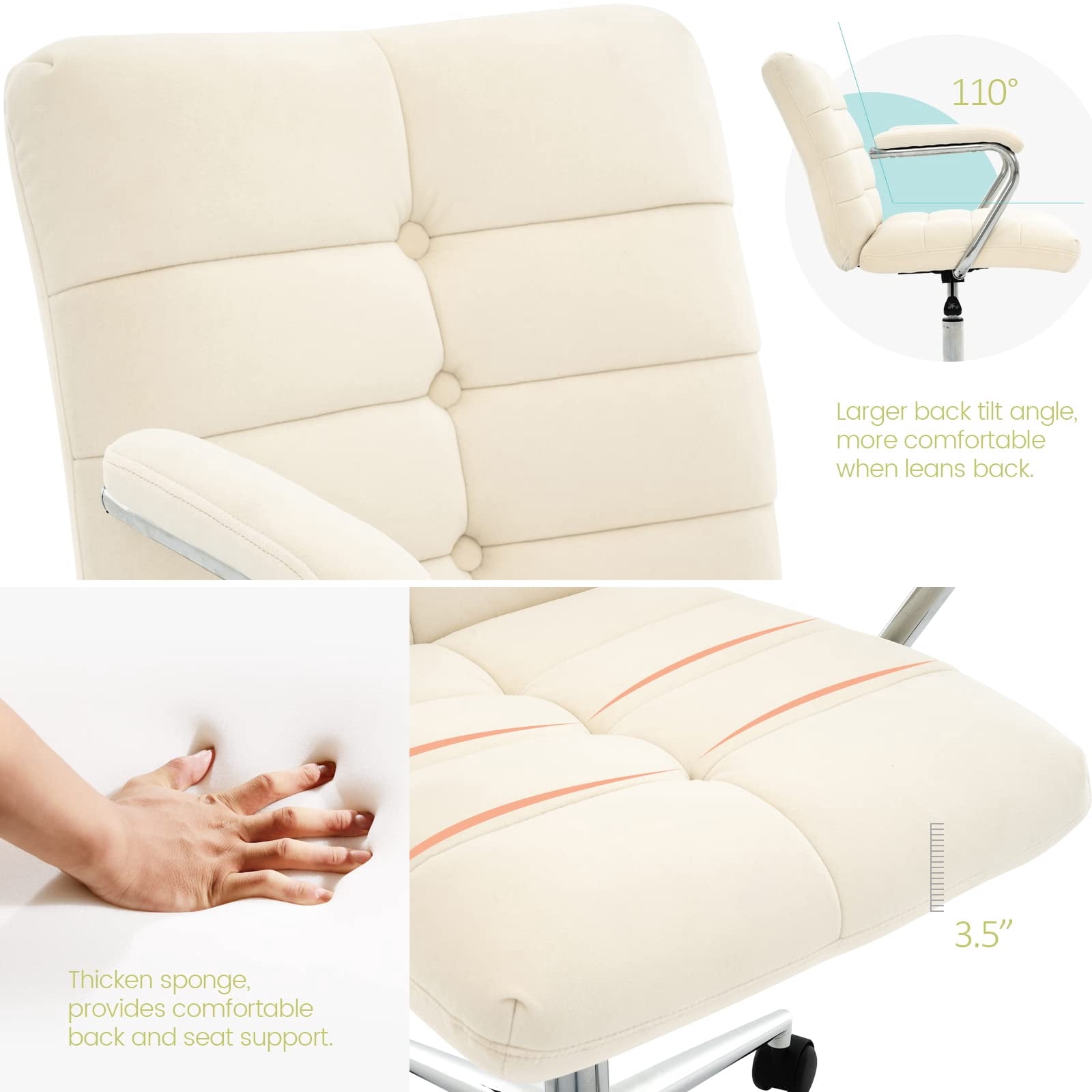 Velvet Desk Chair with Arms, Adjustable Height Home Office Chair, Mid-Back Upholstered Vanity Chair with 360° Swivel and Wheels for Living Room or Study, Beige