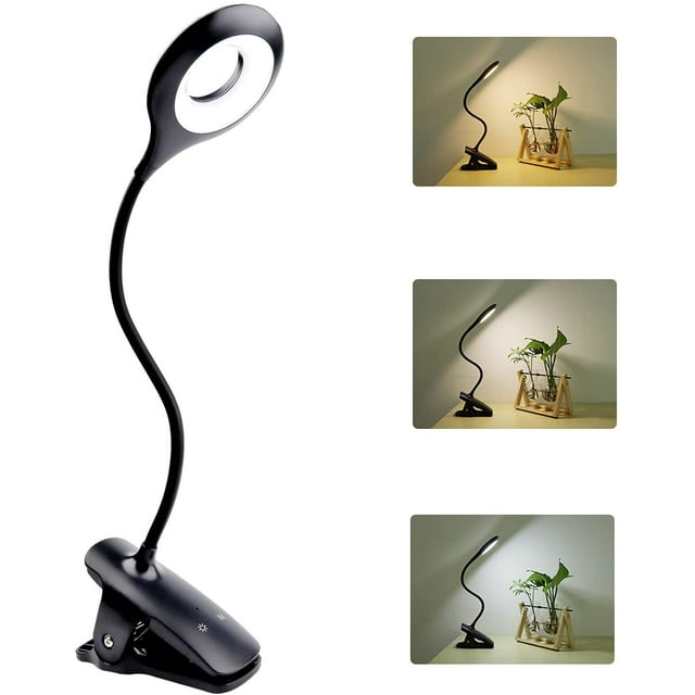Lámpara de escritorio LED inalámbrica recargable de 3 W, 24 LED, táctil, con clip, 3 colores y 3 niveles de brillo, pequeña lámpara de lectura para niños antes de dormir, portátil, color negro.