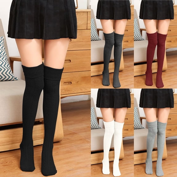 LSQii Thigh High Socks for Women Casual Simple Soft Knit Cotton Over Knee High Socks Solid Color Long Boot Stocking Non‑Slip Leg Warmer Outdoor Daily Wear Trendy Black