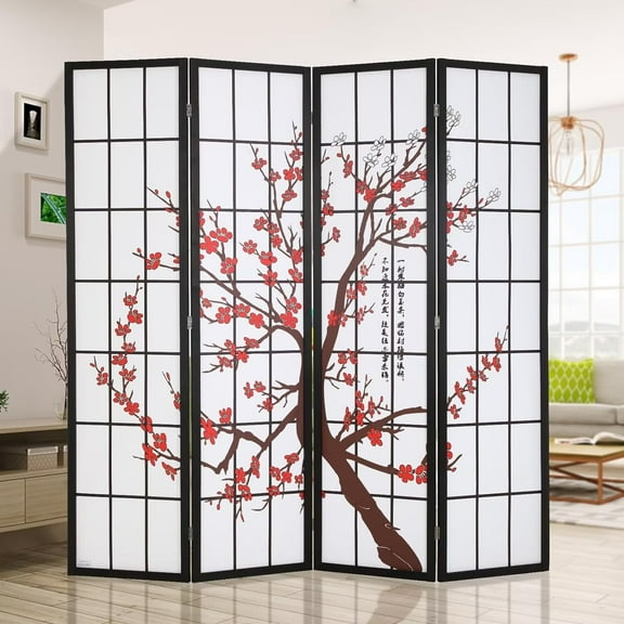 XF XINFENG 4 Panel Room Dividers Japanese Plum Blossom Screen Wall Divider 6Ft Folding Privacy Screen Portable Freestanding Partition, White