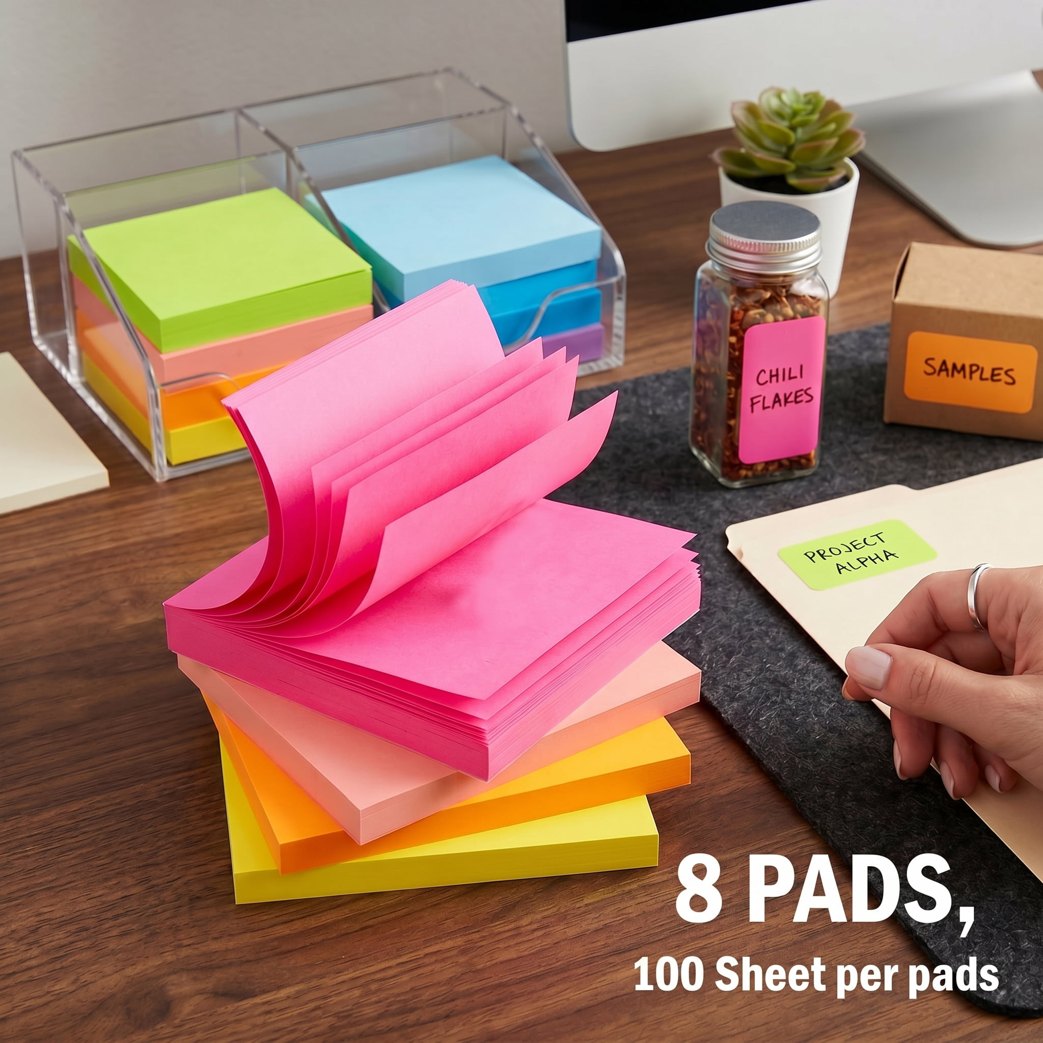 Sticky Notes 3x3, 8 Colors Self-Stick Notes, Removable Adhesive Memo Pads, Practical Desk Supplies for Home and Office, 100 Pads Per Pack