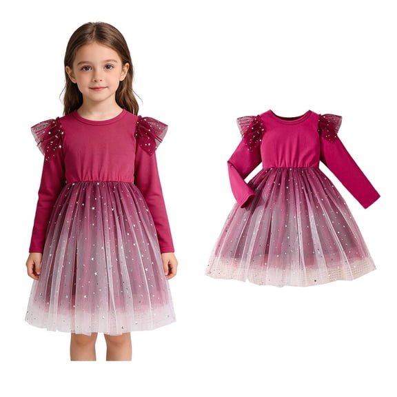 Toddler Girls Tutu Dress Ruffles Long Sleeve Red Dress for Girls Glitter Tulle Dress for Girls Fall Dress Kids Holiday Dresses 3-4 Years