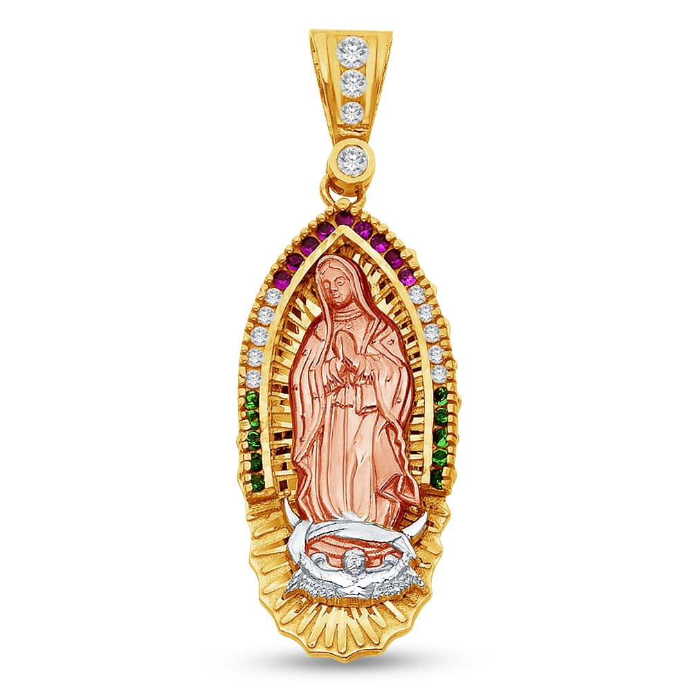 14k yellow gold virgin Mary Holy mother diamond cut round pendant charm 1.25"lng 