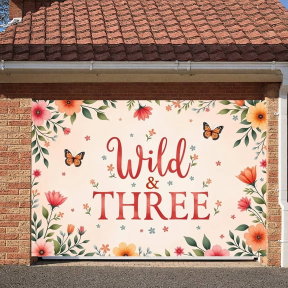 Floral Wild Three Banner Butterfly Floral Display Colorful Flowers Nature-inspired Butterfly Backdrop for 3rd Birthday Party Kids Celebration Photo Shoot