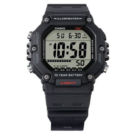 Casio Mens Digital Wristwatch Large Lcd 10-Yr Battery 100M Water Resistant Stopwatch Black