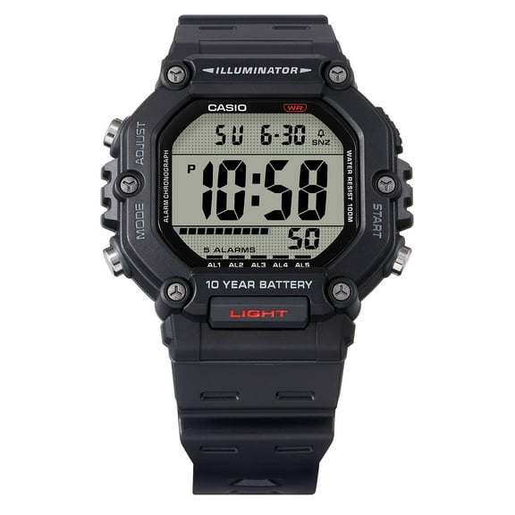 Casio Mens Digital Wristwatch Large Lcd 10-Yr Battery 100M Water Resistant Stopwatch Black