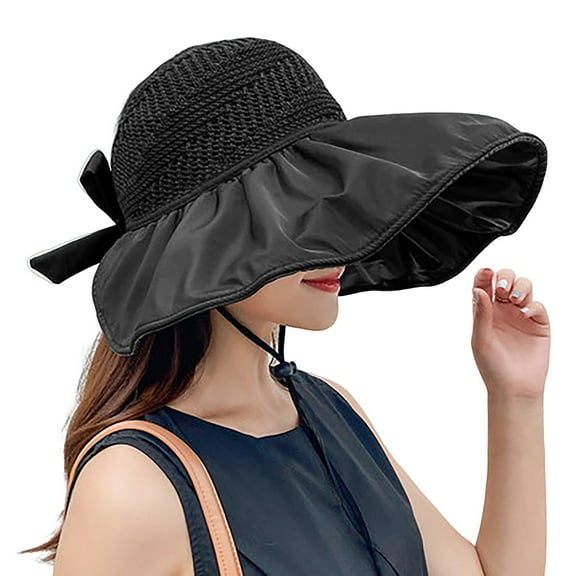 Yuanlong Womens Bucket Hat Hollow Crochet UV Protection Sun Hat Wide Brim Foldable Bow Decor Outdoor Travel Summer Beach Cap