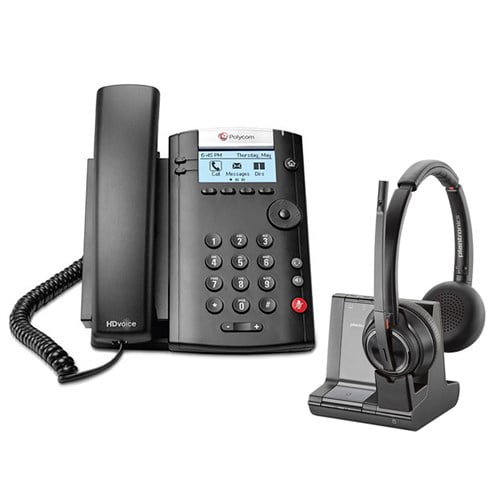 VVX 201 Corded Voice Over IP Phone with Savi W8220 Wireless Headset