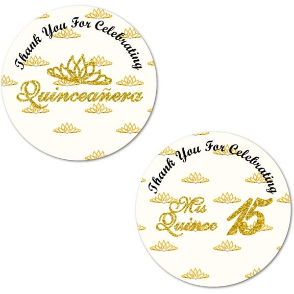 40 Quinceanera Stickers, 2 Inch Big Round Glossy Labels, Thank You for Celebrating Mis Quince 15 Birthday Theme, Great for Party Favors, Tags, Games and Supplies (Gold)