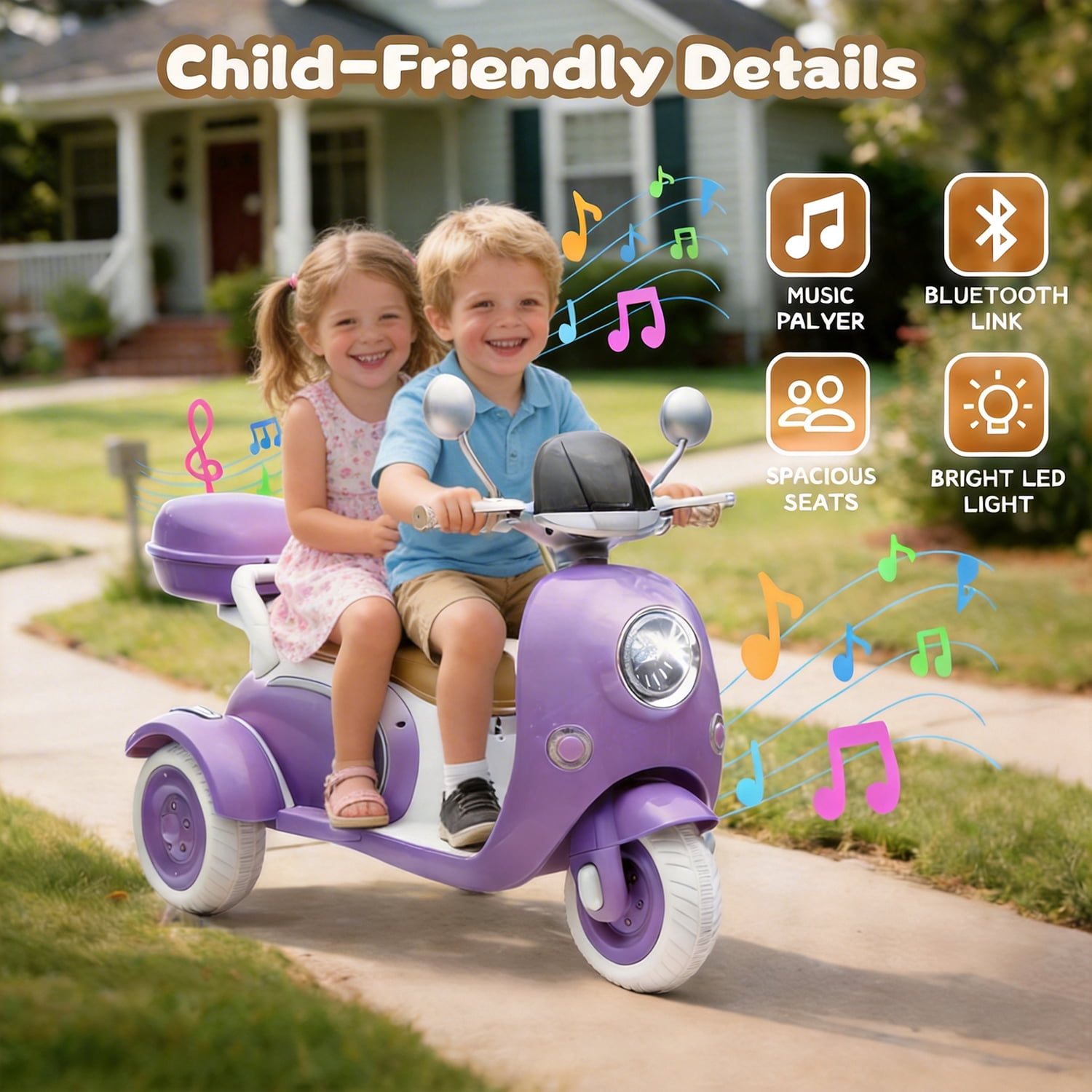 Track Seven 12V Ride on Motorcycle, 2-Seater Electric Motorcycle with Dual Motor, 3 Wheels Motorbike with Bluetooth, LED Lights, Storage Box, Front Hook, Ride on Toy Car for Kids Aged 3+, Purple