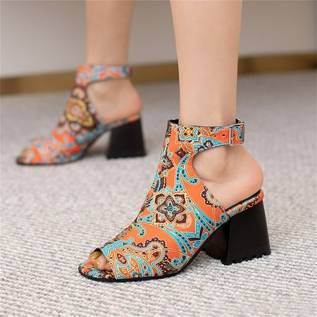 

ZHELIYO Women s sandals Ladies Fashion Solid Color Flock Hollow Open Toe Thick High Heeled Buckle Roman Sandals Orange 9