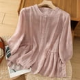 thumbnail image 2 of MIXUE Womens Summer Tops Solid Color Round Neck Botton Long Sleeve Retro Loose Tshirts Outwear,Pink,L, 2 of 9