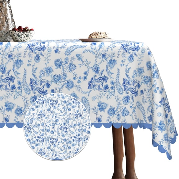 Boho Tablecloth 60x84 Inch Rectangular,Seasonal Blue Floral Washable Table Cover for Party Picnic Dinner Decor