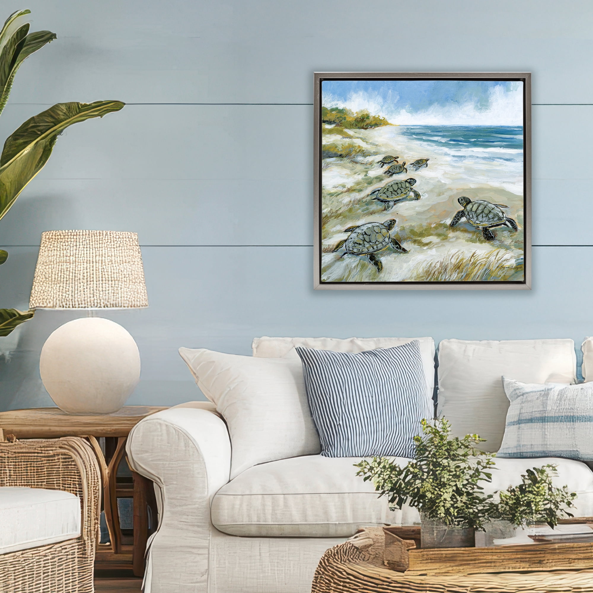 Stupell Industries Baby Sea Turtles on Beach Gray Framed Floater Canvas Wall Art, design by Susan Winget