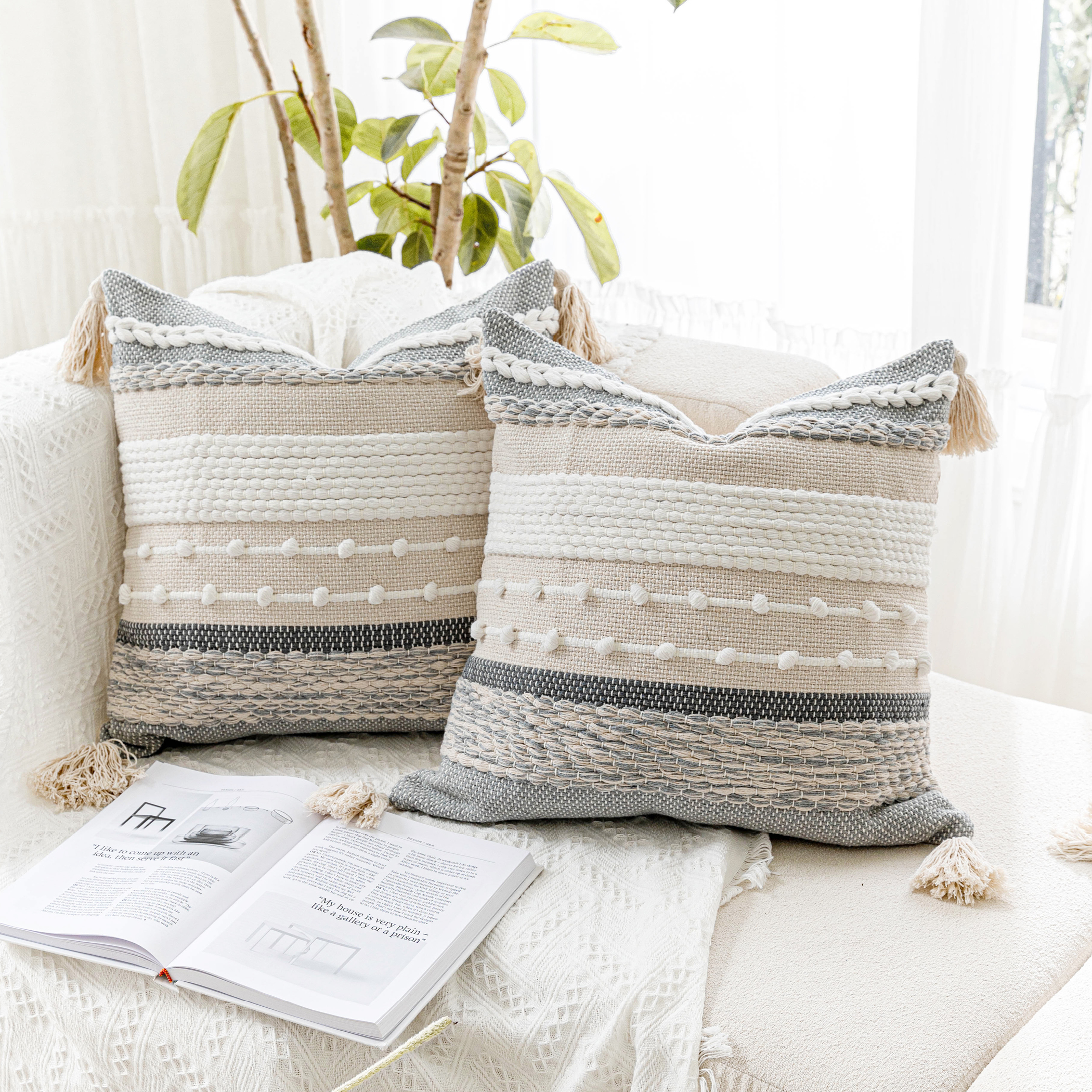 BlissBlush Gray Boho Throw Pillow Cover 20x20 Grey Decorative Accent Pillow for Couch Square Woven Textured Pillowcase Modern Farmhouse Pillow for Bed Bohemian Pillow Cover (Pack of 1)