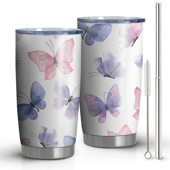 20oz Tumblers White Background Butterfly Pattern Stainless Steel Vacuum Insulated Double Wall Travel Tumbler Cups Mug with Lid and Straw,Cleaning Brush for Cold & Hot Drinks