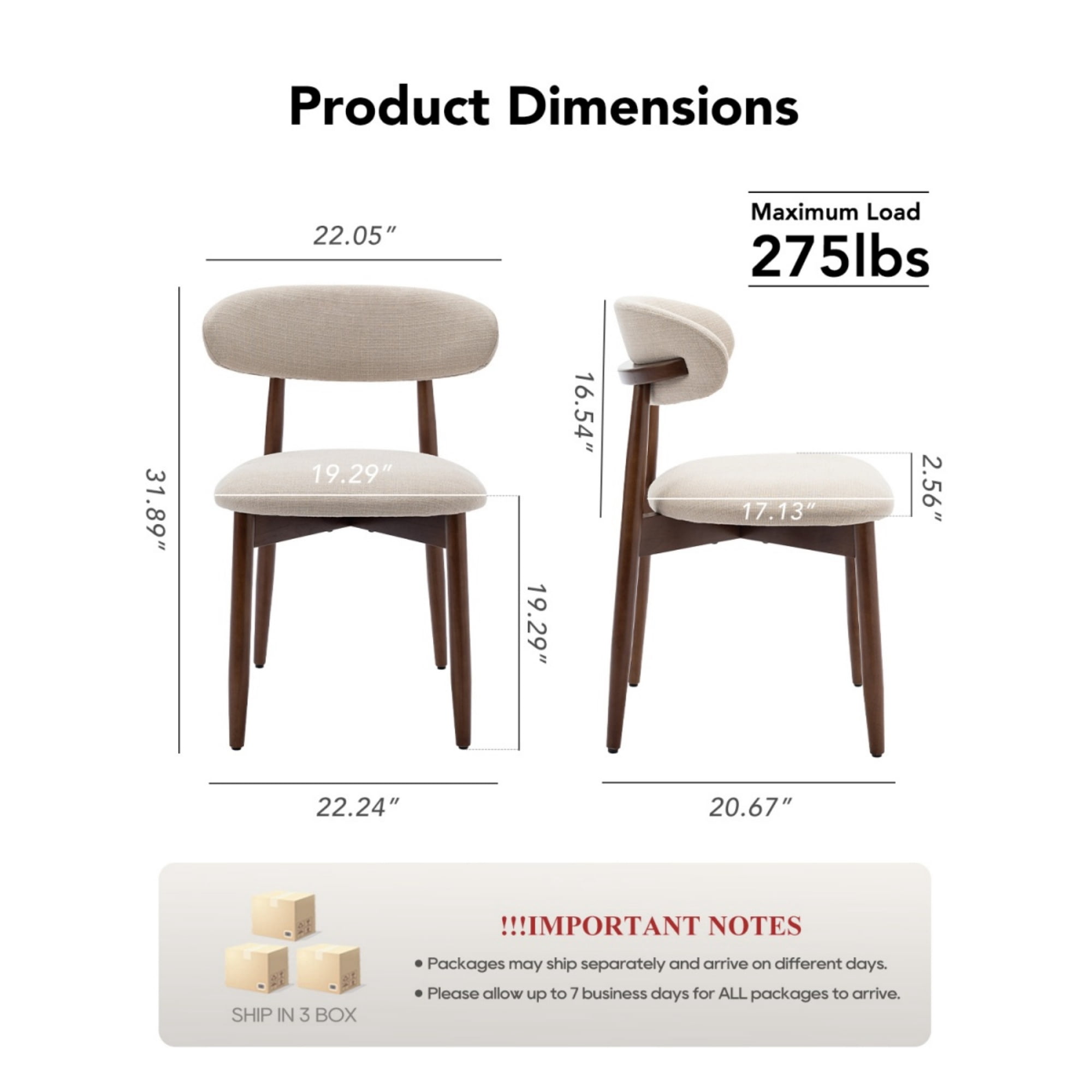 EOP Wooden Dining Chairs Set of 6, Farmhouse Kitchen Side Chairs with Foot Pegs, Mid-Century Modern Fabric Upholstered Dining Room Chairs for Kitchen, Dining Room, Beige
