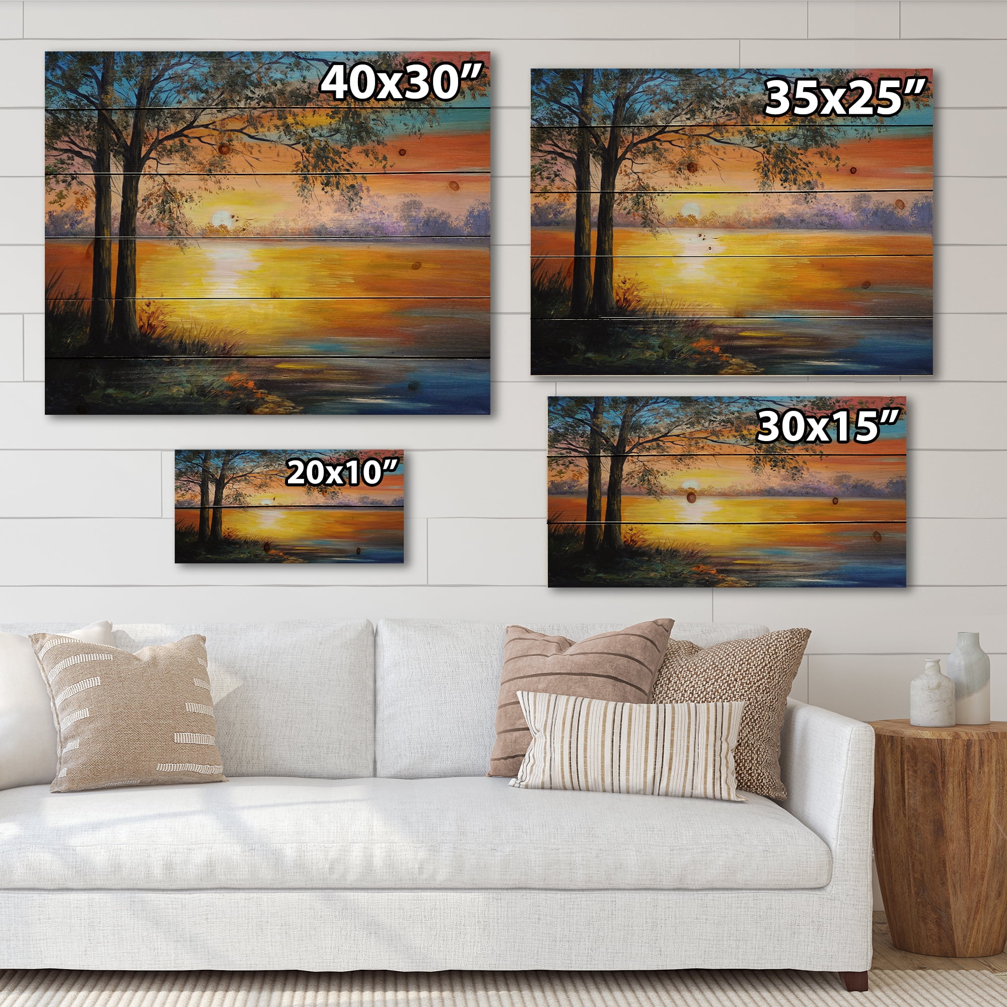 Designart 'Tree Near The Lake in Evening' Traditional Print on Natural Pine Wood