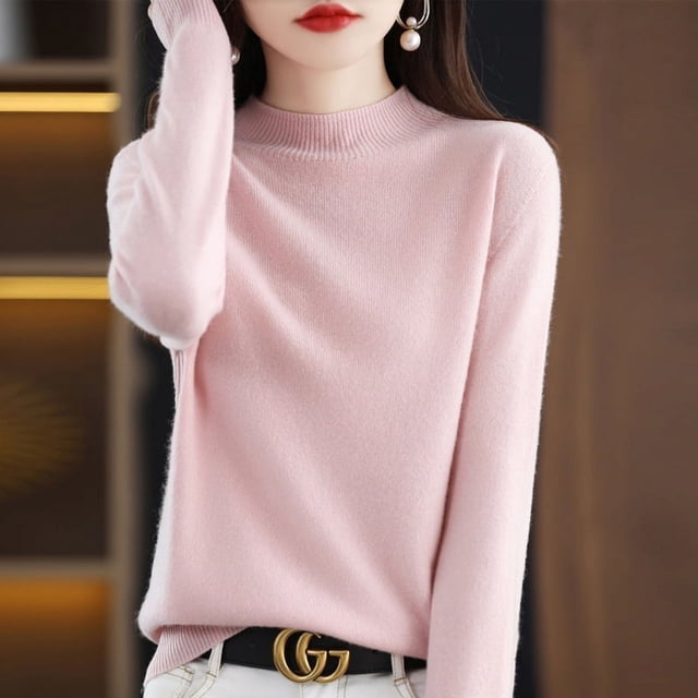 Suéter de lana para mujer, otoño e invierno, suéter de cuello alto medio sin costuras, camisa de punto con parte inferior