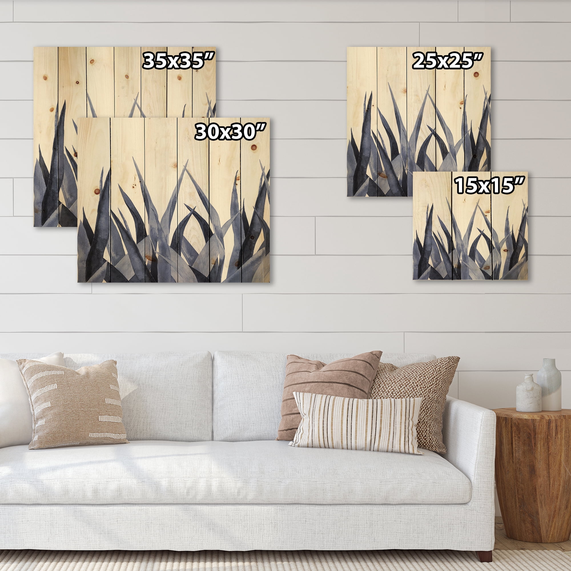 Designart 'Close Up Navy Blue Agave Leaves' Traditional Print on Natural Pine Wood