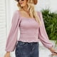 thumbnail image 2 of Blusa de gasa rosa para mujer, escote cuadrado, mangas largas, cintura estrecha y estilo moderno de color puro, talla M, 2 of 6