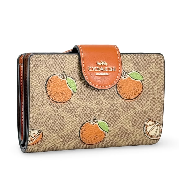 Coach Women's Medium Corner Zip Wallet with Orange Print (Tan Multi)