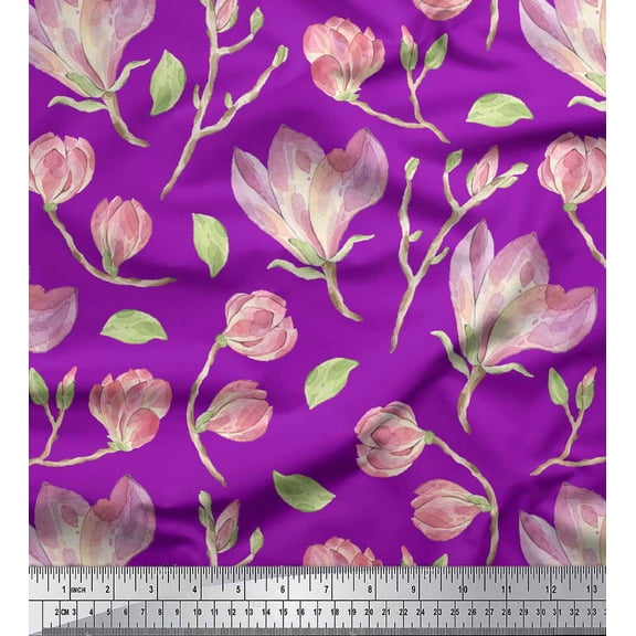 Soimoi Purple Cotton Duck Fabric Leaves & Magnolia Floral Fabric Prints By Yard 42 Inch Wide
