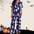 thumbnail image 4 of FASHOFT Women's Halloween Pajama Set Funny Ghost Pumpkin Print Silk Button Down Long Sleeve Pjs Lounge Sleepwear Dark Purple L, 4 of 7