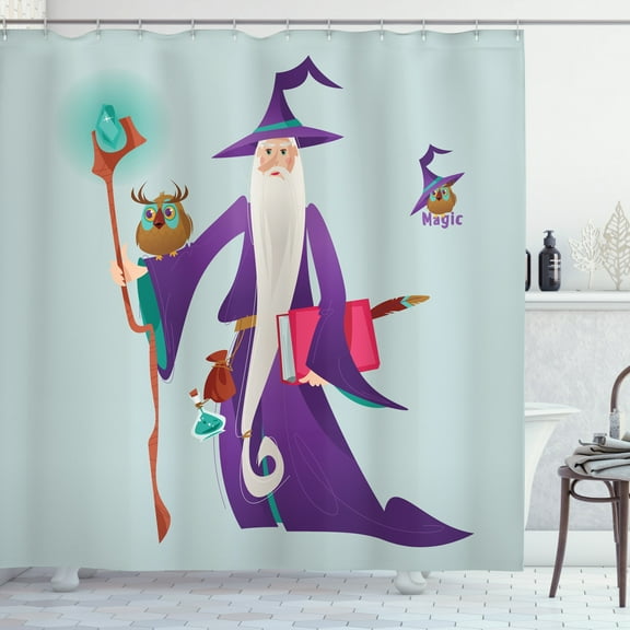 Magician Shower Curtain, Humorous Composition of an Old Wizard Man Holds Staffs and Owls, Fabric Bathroom Set with Hooks, 69W X 70L Inches, Multicolor, by Ambesonne
