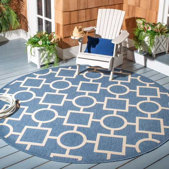 Safavieh Courtyard Archimedes Geometric Indoor/Outdoor Area Rug, Blue/Beige, 7'10" x 7'10" Round