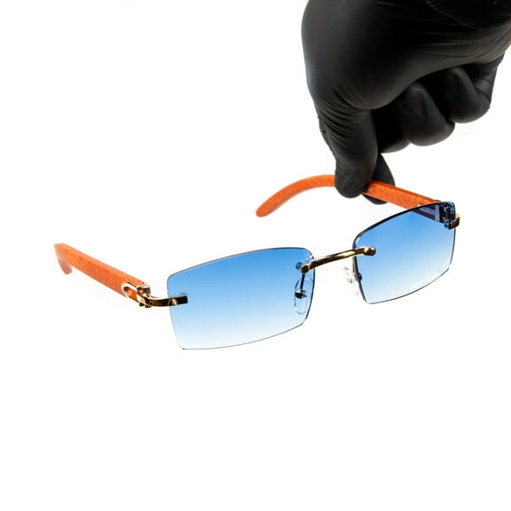 Blue Rectangle Sunglasses Vintage Woodgrain Rimless Gold Frame Mens Womens Cool 90s Hip Hop Retro Trendy Square Frameless Party Shades