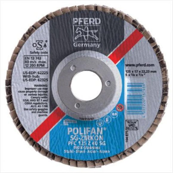 PFERD Polifan SG Abrasive Flap Disc, Type 27, Threaded Hole, Phenolic Resin Backing, Zirconia Alumina, 7" Dia, 40 Grit (Pack of 1)