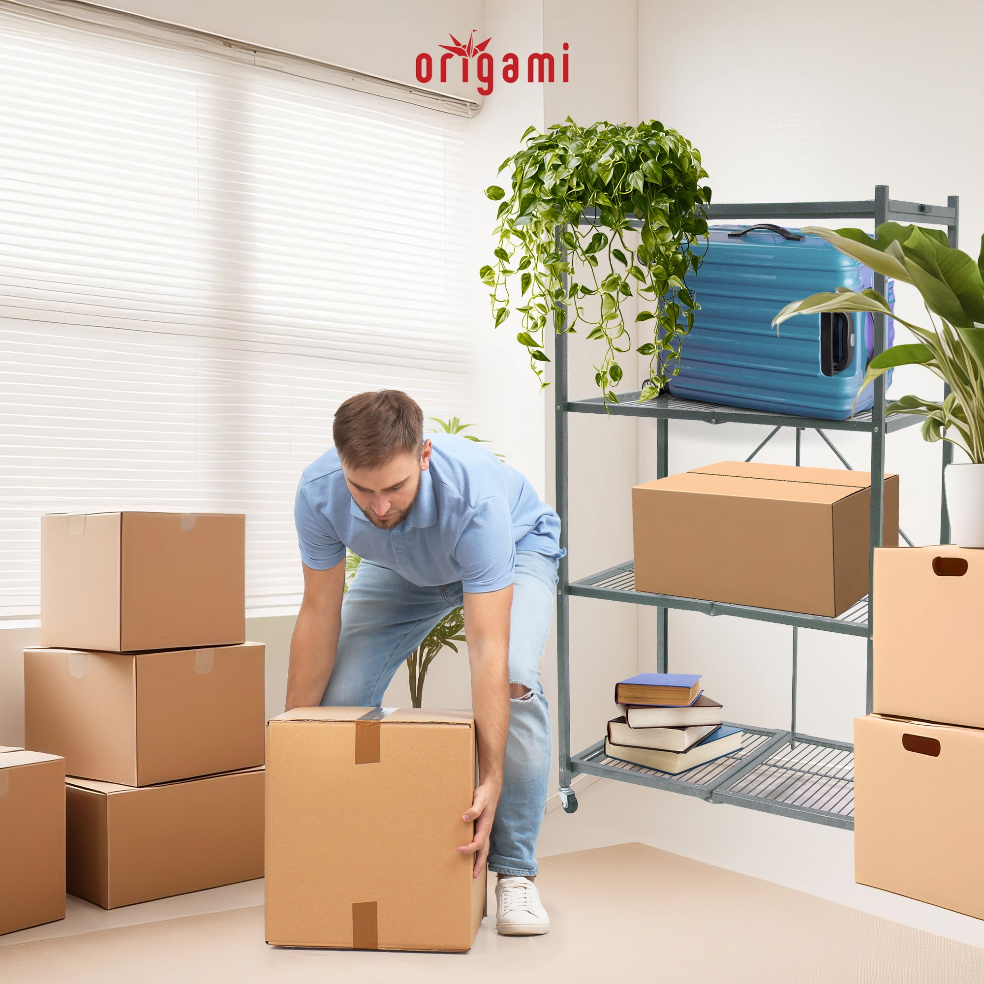 Origami 4-Shelf R5 Series Storage Rack with Wheels, Gray
