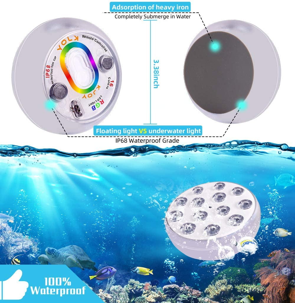 for Decor Christmas Fish Tank RF Remote IP68 Waterproof Color Changing Underwater Pond Light Suction Cups KJOY 4Pcs Rechargeable Submersible LED Lights & Floating Pool Lights 2 in 1 Magnets 