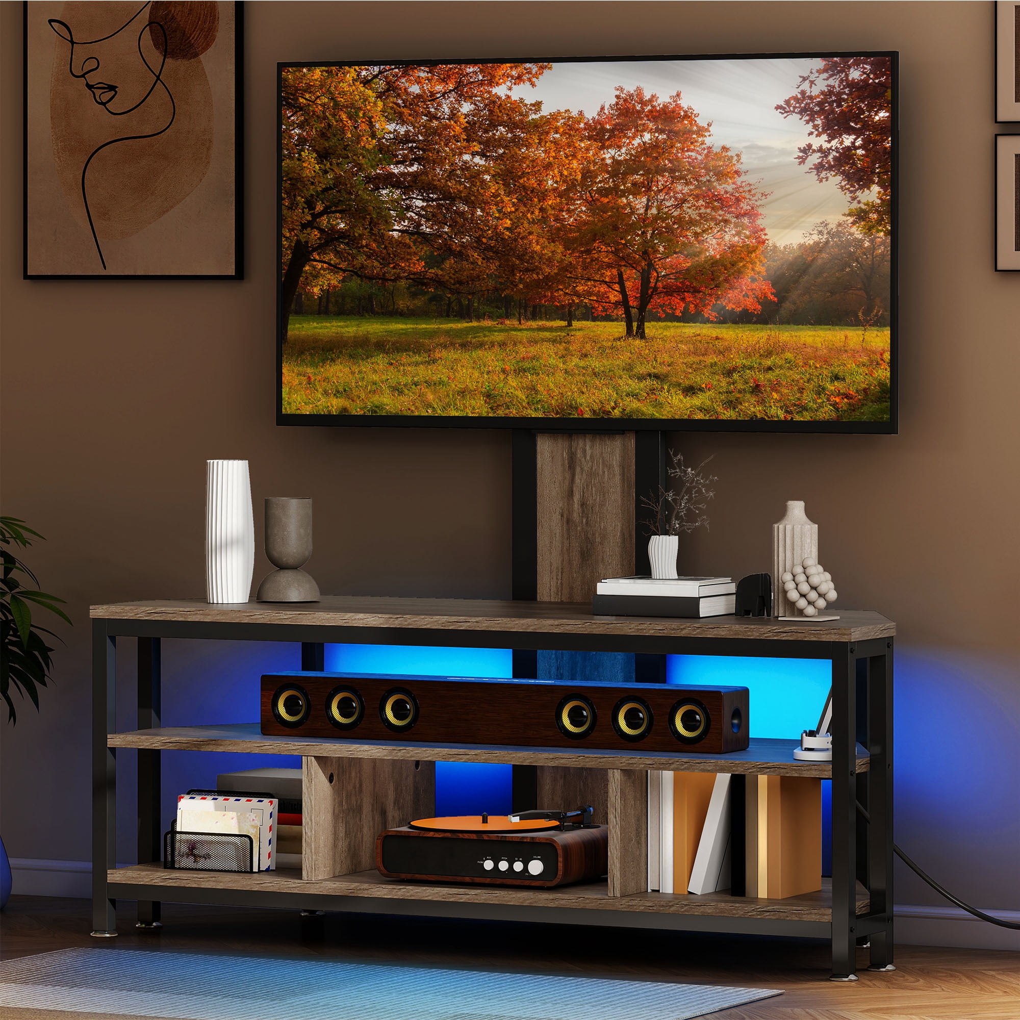 Uforic Height Adjustable TV Stand Mount with Power Outlet with LED Lights for TVs up to 70 inches, Gray