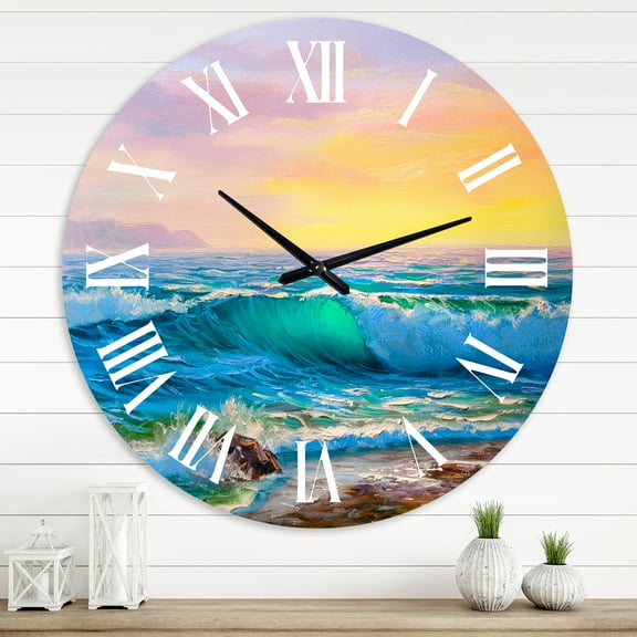 Designart 'Blue Waves Breaking At The Beach Iv' Nautical & Coastal Wall Clock