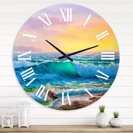 Designart 'Blue Waves Breaking At The Beach Iv' Nautical & Coastal Wall Clock
