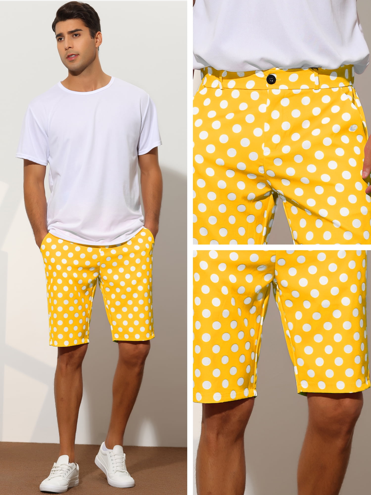 Unique Bargains Men s Polka Dots Shorts Straight Fit Comfort Flat Front Chino Shorts 36 Yellow Walmart