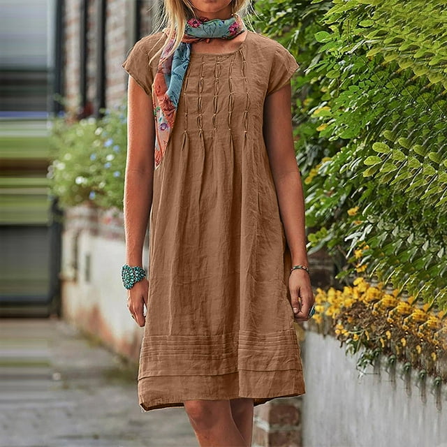YUTK Robes Midi pour Femmes en Liquidation Robe pour Femmes à Col Rond à Manches Courtes Plissée Unie en Coton et Lin Coupe Ample Café 4TG