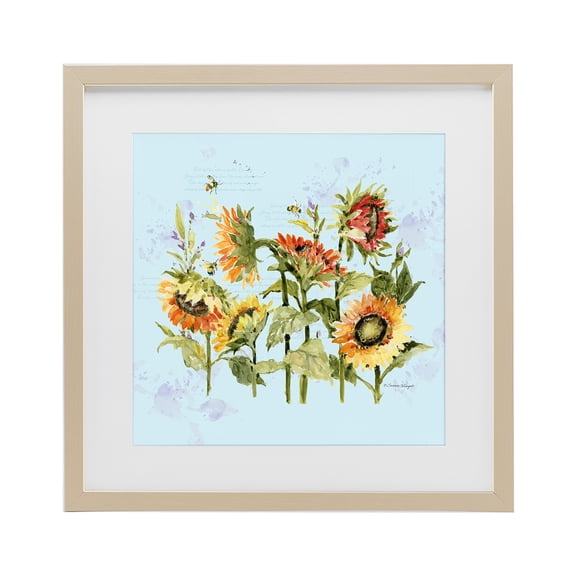 Stupell Industries Sunflowers & Bee on Blue Birch Framed Print Under Glass, design by Susan Winget