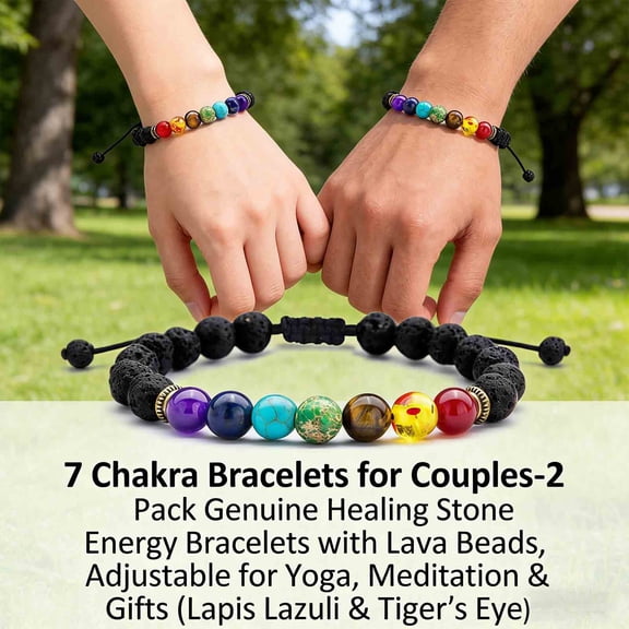 MKDAQIQIU 7 Chakra Bracelets for Couples - 2 Pack Genuine Healing Stone Energy Bracelets with Lava Beads, Adjustable for Yoga, Meditation & Gifts (Lapis Lazuli & Tiger's Eye)