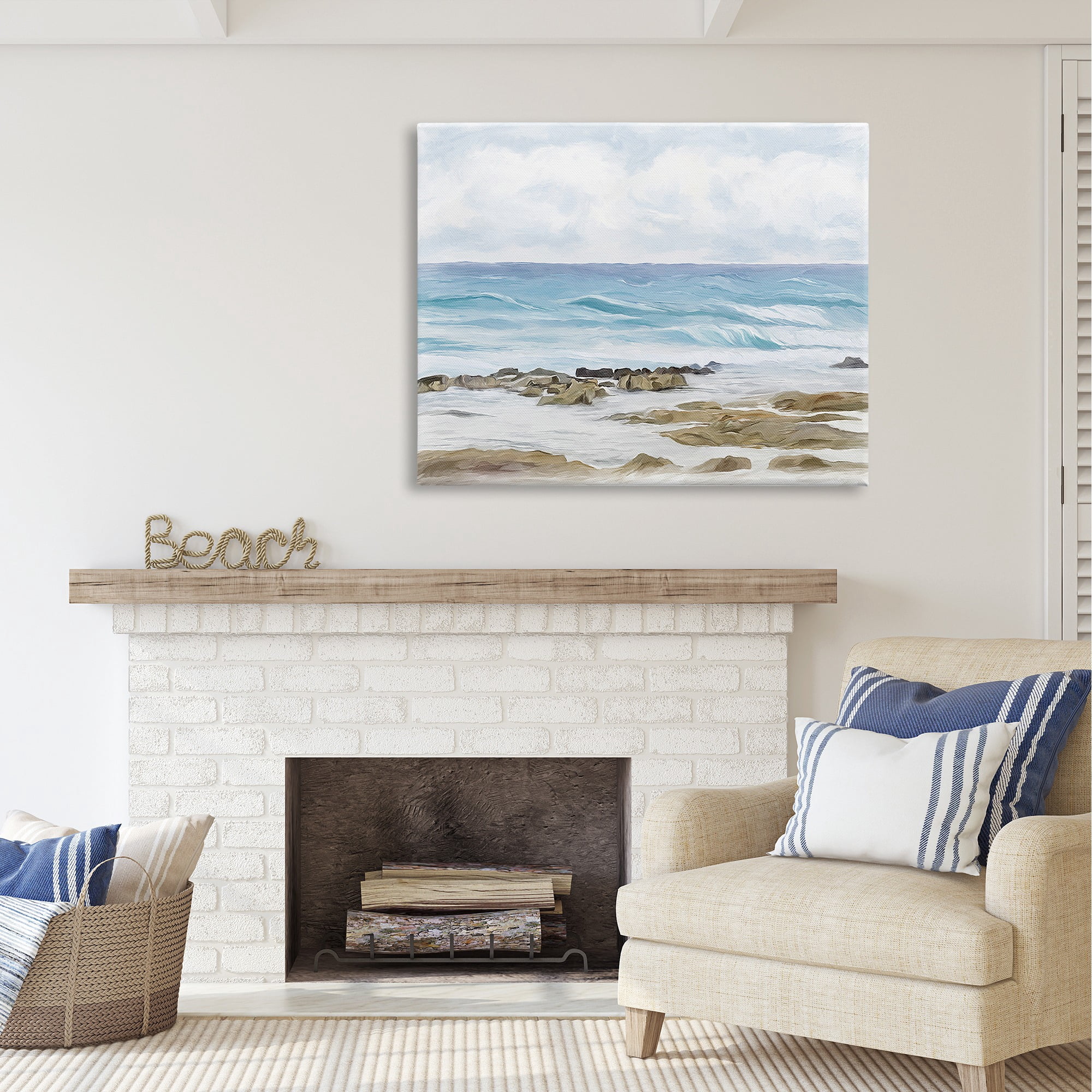 Stupell Industries Rocky Shore Beach Waves Landscape Painting Gallery Wrapped Canvas Art Print Wall Art, 48 x 36
