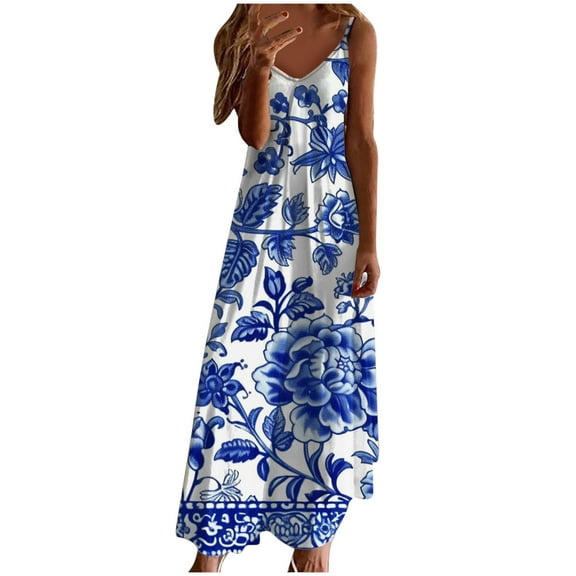 Women's Long Beach Dresses Spaghetti Straps Summer Sexy V Neck Camisole Maxi Dress - Vintage Floral Print A Line Flowy