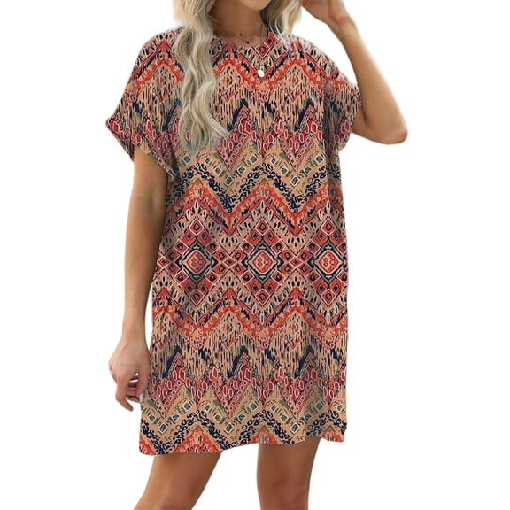 Women'S Summer Dresses Short Sleeve Cute Spring Mini Dress Crewneck Casual Beach Vacation Dresses Geometric Flower S