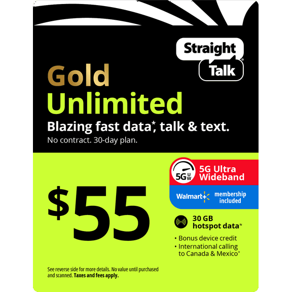 Straight Talk $55 Gold Unlimited Talk, Text & Data 30-Day Prepaid Plan   30 GB Hotspot Data   Cloud Storage & Int'l Calling Direct Top Up