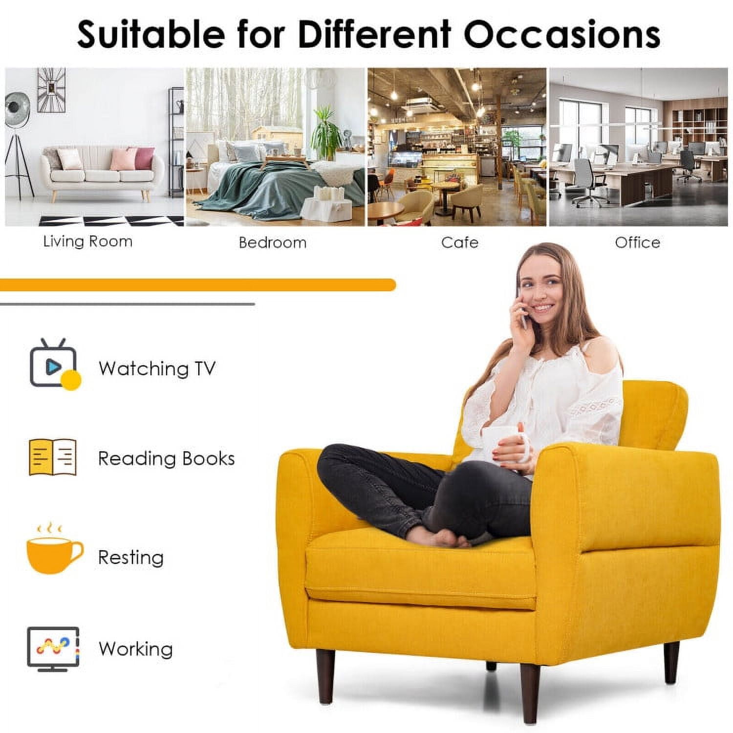 Finihen Upholstered Accent Armchair, Modern Upholstered Accent Chair Single Sofa Armchair, for Living Room, Bedroom, Yellow